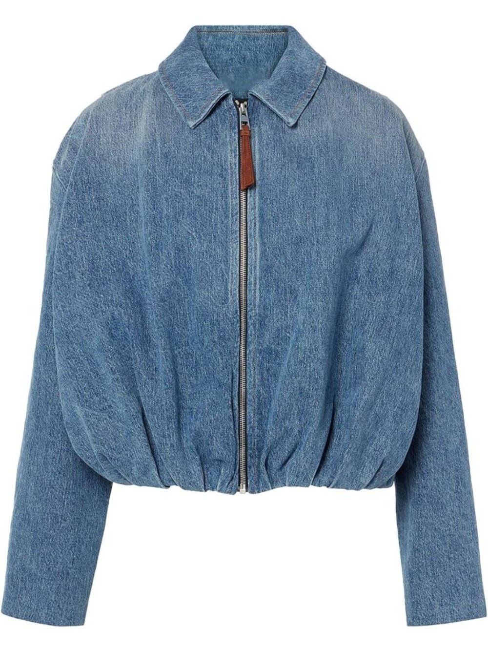 Women Indigo Blue Polyester Lapel Collared Long Sleeve Pocket Zip Up Jean Jacket